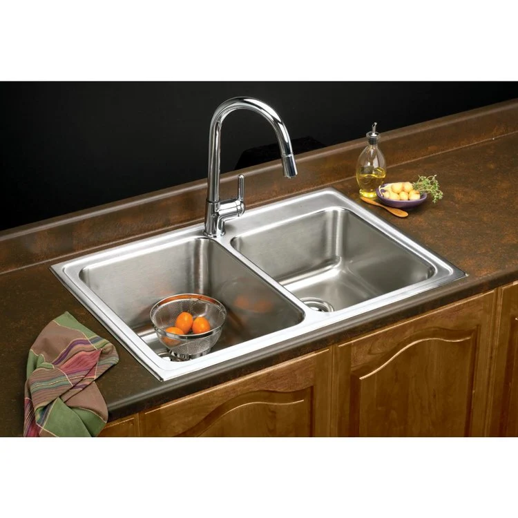 Kitchen Sink Lustertone Classic 33 x 22 Inch Double Bowl Offset 3 Hole Lustrous Satin Drop-In - Frankwebs