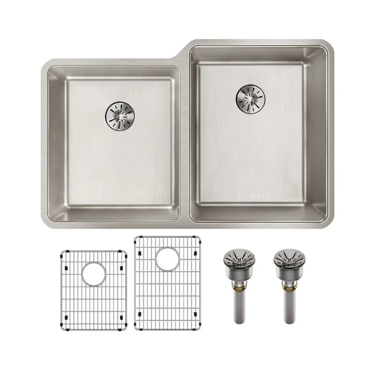 Sink Kit Lustertone Iconix Left Perfect Drain 31.25 x 20.5 Inch Double Bowl Luminous Satin One EBG1216 Bottom Grid One EBG1214 Bottom Grid Two LKPD1 Perfect Drain and Strainers - Frankwebs