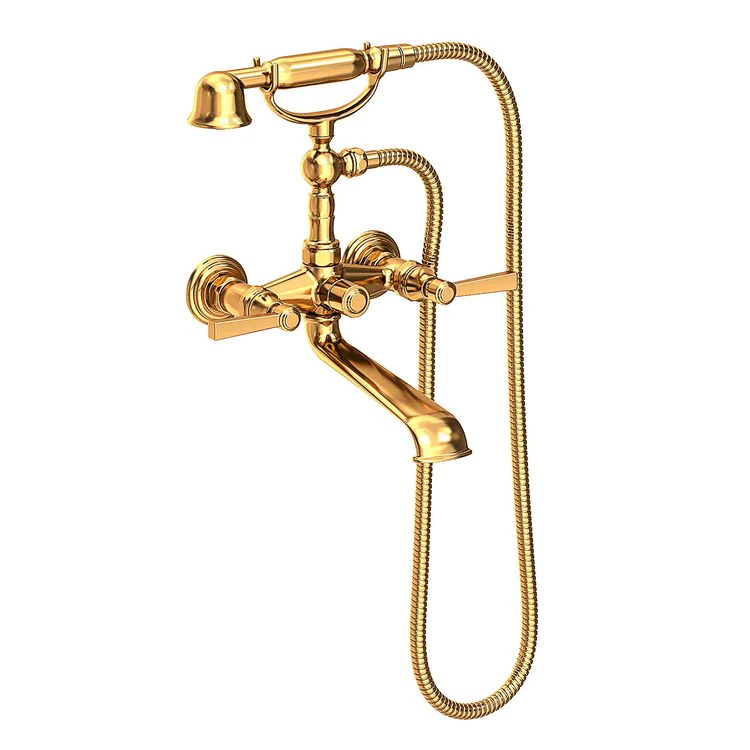 Tub Filler Astor Wall Mount Exposed with Handshower 6 Inch Spread 2 Lever ADA Polished Brass Uncoated Living 2 Hole - Frankwebs