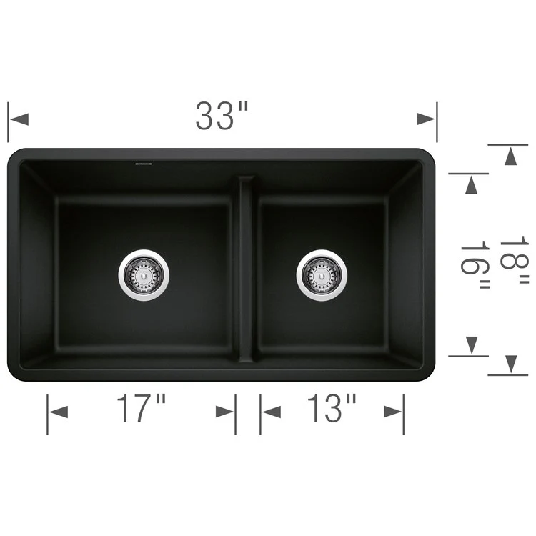 Kitchen Sink Precis 33 x 18 Inch Double Bowl 1-3/4 Reverse with Low Divide Coal Black Undermount - Frankwebs