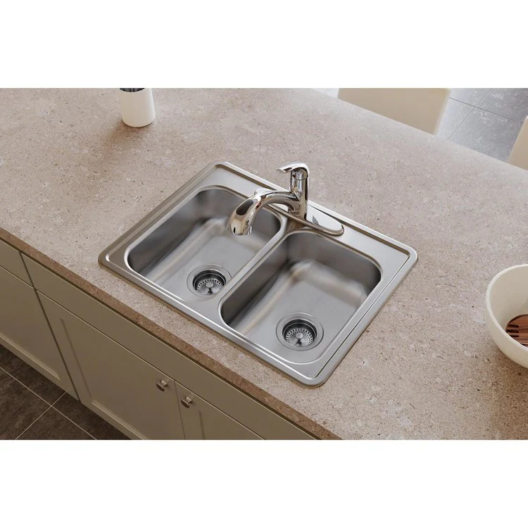 Kitchen Sink Dayton 25 x 19 Inch Double Bowl Equal 2 Hole ADA Satin Drop-In Rectangle Drain Location Center Depth 6-1/3 Inch Bottom Only Pads - Frankwebs