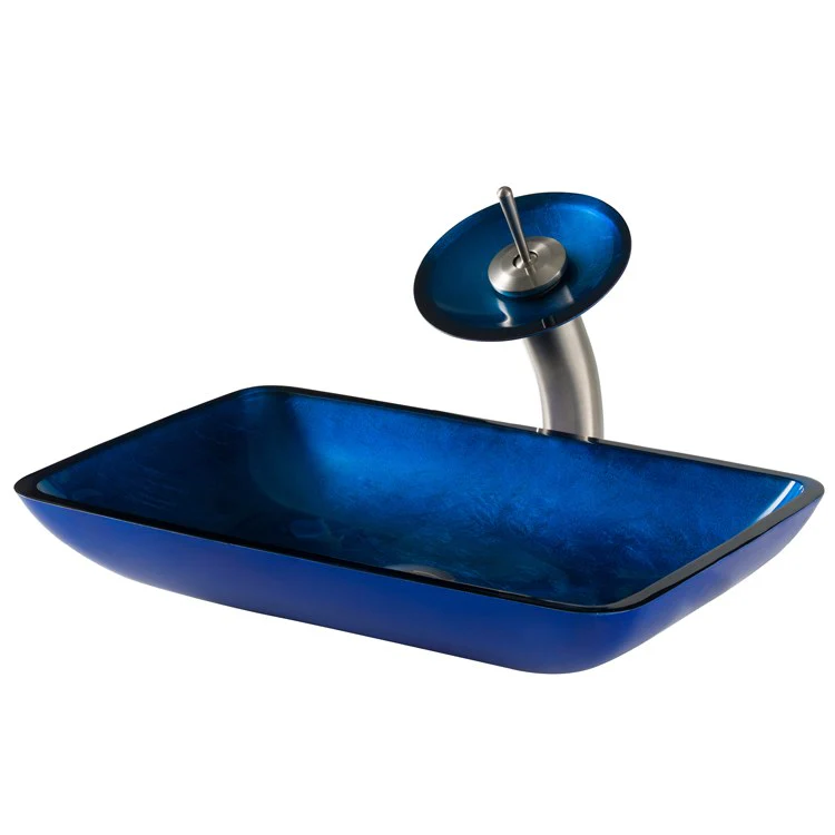Rectangular Blue Glass Bathroom Vessel Sink and Waterfall Faucet Combo Set with Disk and Pop-Up Drain - Frankwebs