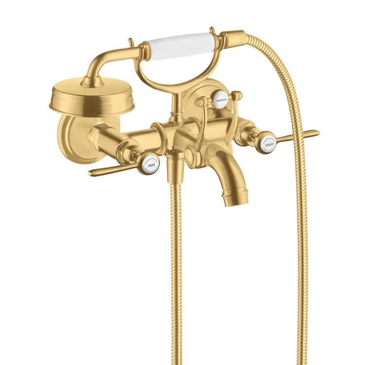 Tub Filler Montreux Wall Mount with Handshower 8 Inch Spread 2 Lever WaterSense Rigid Brushed Gold Optic 2 Hole - Frankwebs