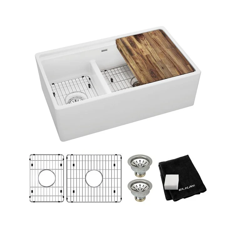 Sink Kit Fireclay Aqua Divide 33 x 20 Inch Double Bowl White One LKCB1217HW Cutting Board One LKBG1115SS Bottom Grid One LKBG1715SS Bottom Grid Two LK99FC Drains LKCLKIT Cleaning Kit - Frankwebs