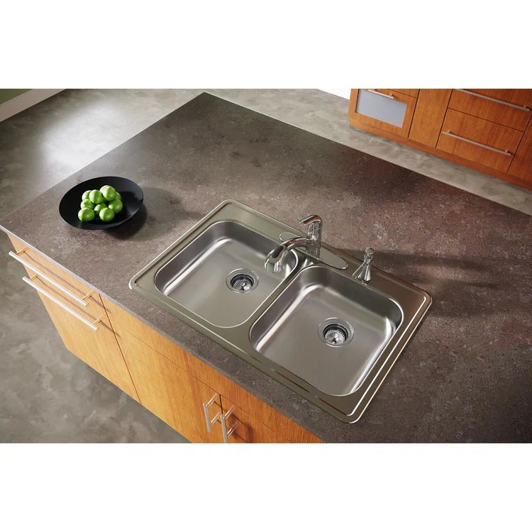 Kitchen Sink Dayton 33 x 21.25 Inch Double Bowl Equal 1 Hole ADA Satin Top Mount Rectangle Drain Location Rear Center Depth 5-3/8 Inch Bottom Only Pads - Frankwebs