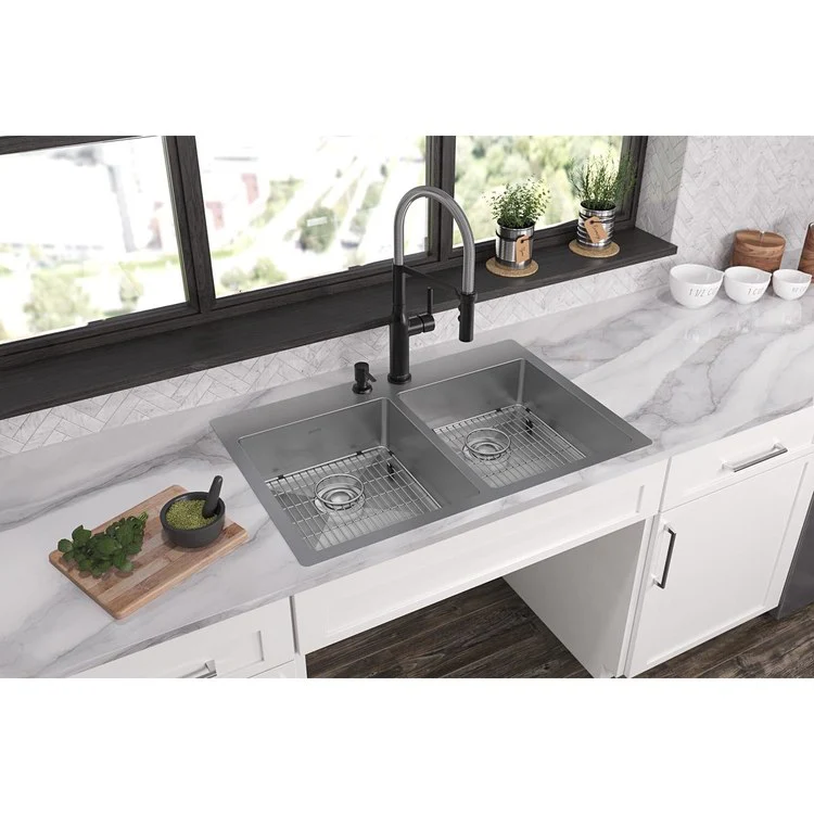 Kitchen Sink Crosstown 33 x 22 Inch Double Bowl Equal Kit 2 Hole ADA Polished Satin Drop-In Undermount Rectangle Drain Location Rear Center Depth 6 Inch Sound Guard Slim Rim - Frankwebs