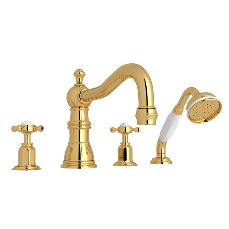 Tub Filler Edwardian Deck Mount with Handshower 2 Cross Column Spout English Gold - Frankwebs