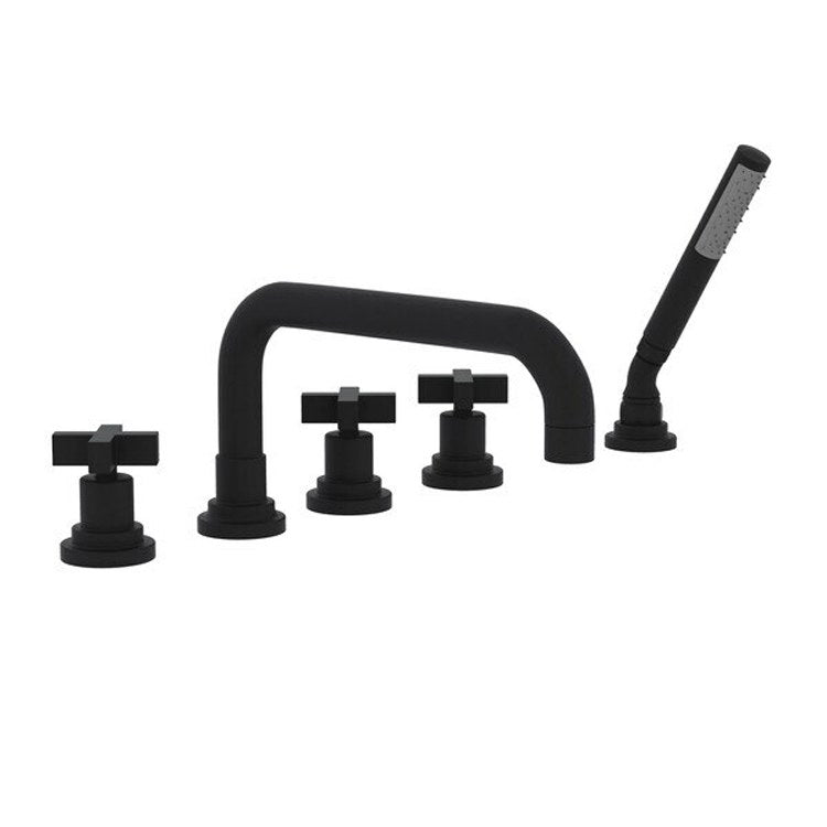 Tub Filler Lombardia Deck Mount with Handshower 3 Cross U-Spout Unlacquered Brass - Frankwebs