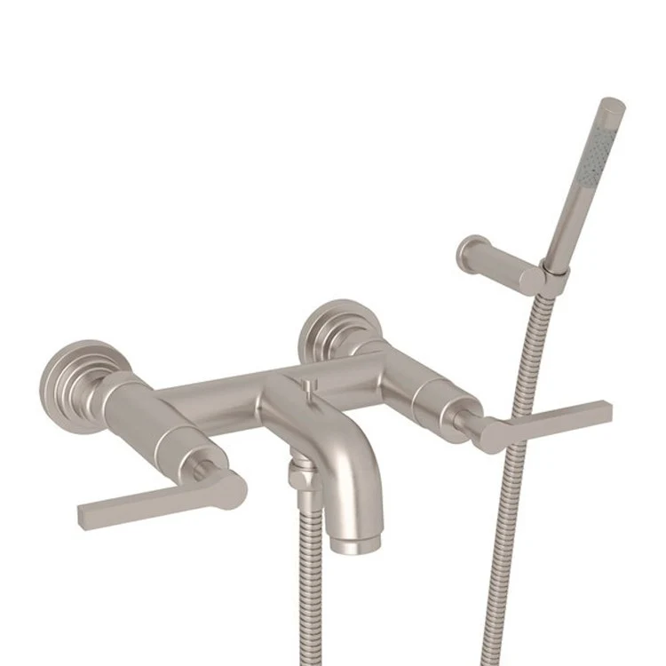 Tub Filler Lombardia Wall Mount with Handshower 2 Metal Lever Satin Nickel - Frankwebs