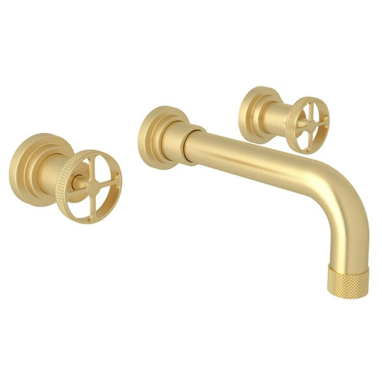Lavatory Faucet Campo Wall Mount Widespread 2 Industrial Metal Wheel Satin Unlacquered Brass 1.2 Gallons per Minute 3 Hole - Frankwebs