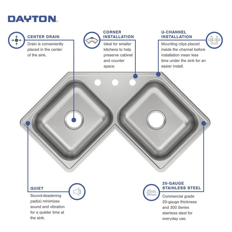 Kitchen Sink Dayton 32 x 32 Inch Double Bowl Equal Corner 3 Hole Elite Satin Corner - Frankwebs