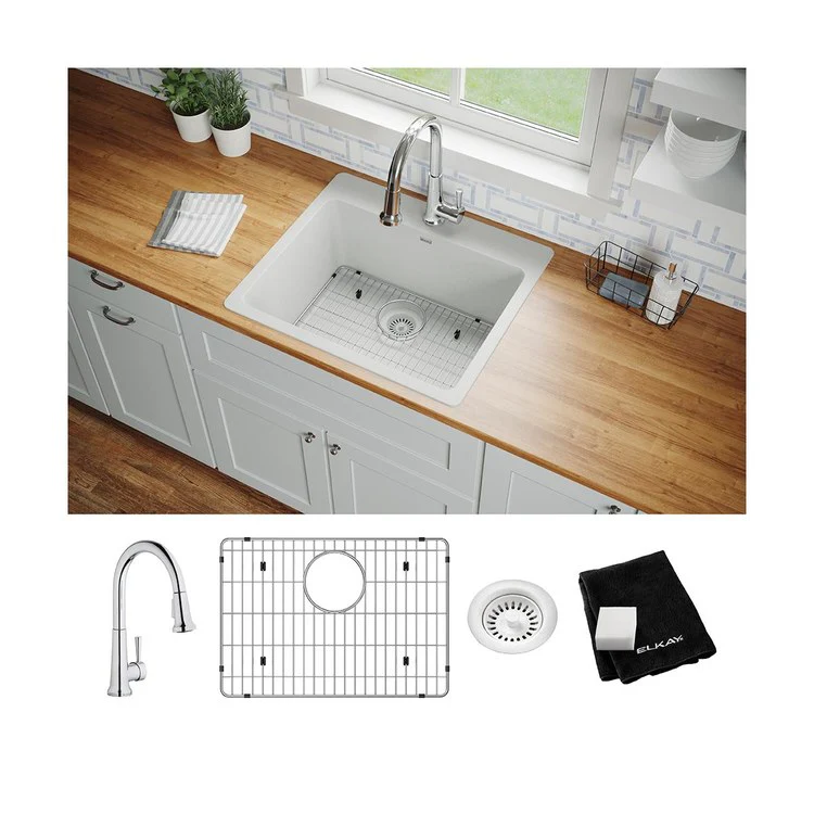 Kitchen Sink Quartz Classic 25 x 22 Inch Single Bowl Sink Kit with Faucet White Drop-In - Frankwebs