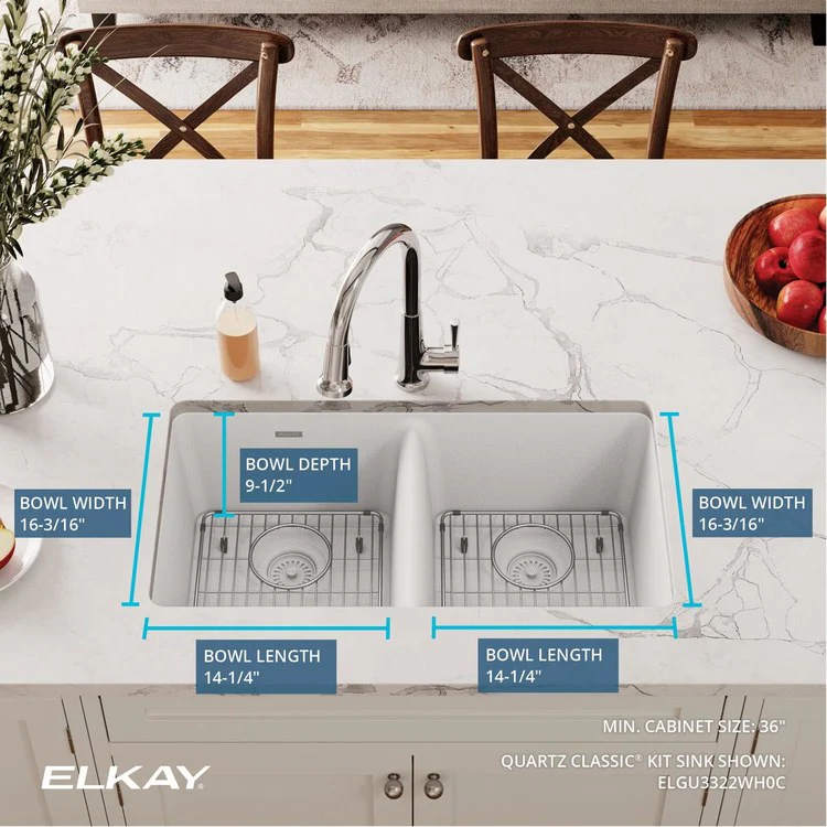 Sink Kit Quartz Classic Equal 33 x 18.5 Inch Double Bowl White Two Bottom Grids Two Drains Cleaning Kit - Frankwebs