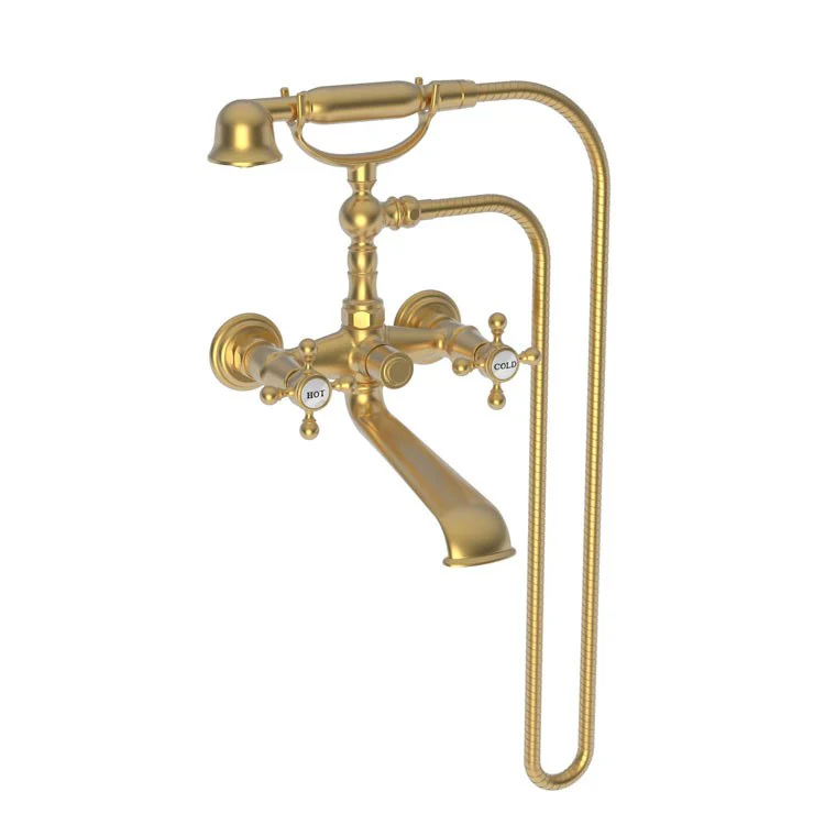 Tub Filler Chesterfield Wall Mount Exposed with Handshower 6 Inch Spread 2 Cross ADA Satin Gold PVD 2 Hole - Frankwebs