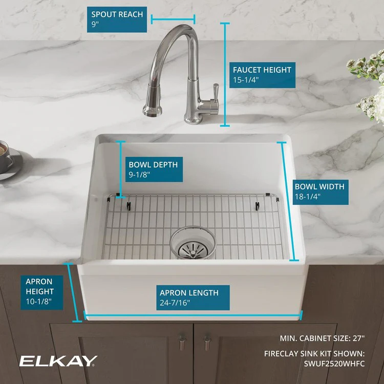 Kitchen Sink Fireclay 24.5 x 20 Inch Single Bowl Kit Apron Front with Faucet ADA White Farmhouse Rectangle Drain Location Center Depth 10-1/8 Inch - Frankwebs