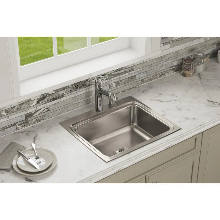 Kitchen Sink Lustertone Classic 25 x 22 Inch Single Bowl MR2 Hole Lustrous Satin Drop-In Stainless Steel Drain Location Center Sides and Bottom Pads - Frankwebs
