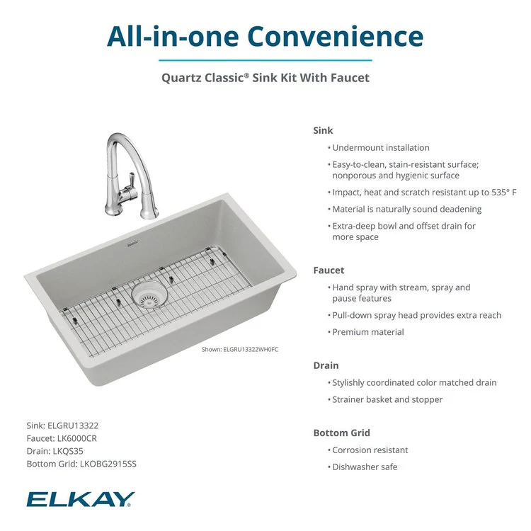 Kitchen Sink Quartz Classic 33 x 18.5 Inch Single Bowl Kit with Faucet White Undermount - Frankwebs