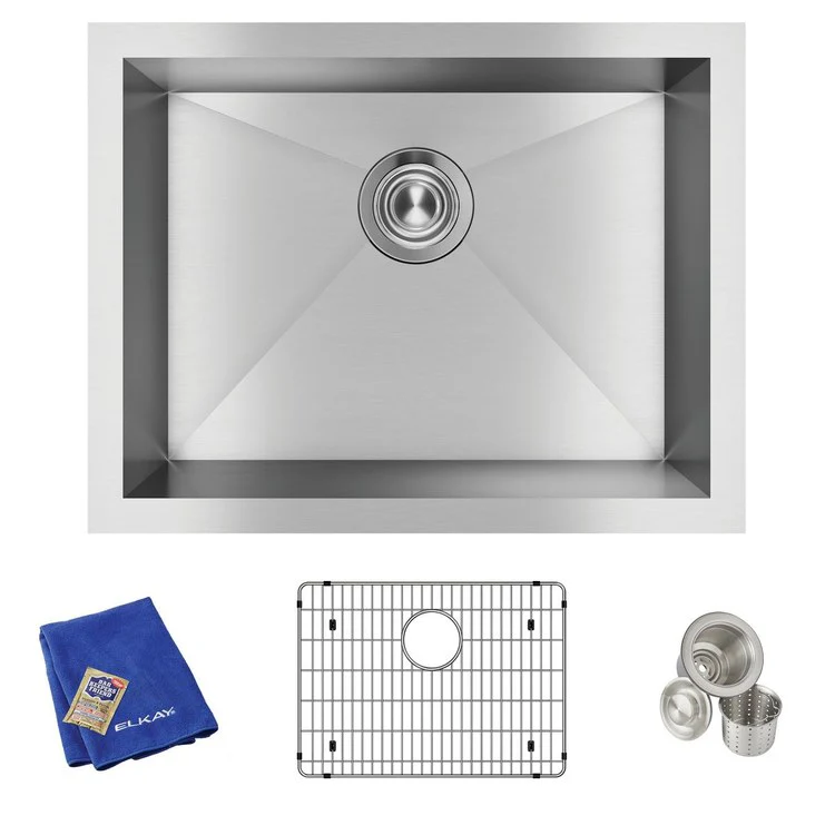 Sink Kit Crosstown 23.5 x 18.25 Inch Single Bowl Polished Satin Bottom Grid Strainer Drain Cleanser Towel Cloth Bag Geometric Design Offers Straight Sidewalls and a Flat Bottom for a Modern Look and More Usable Space - Frankwebs