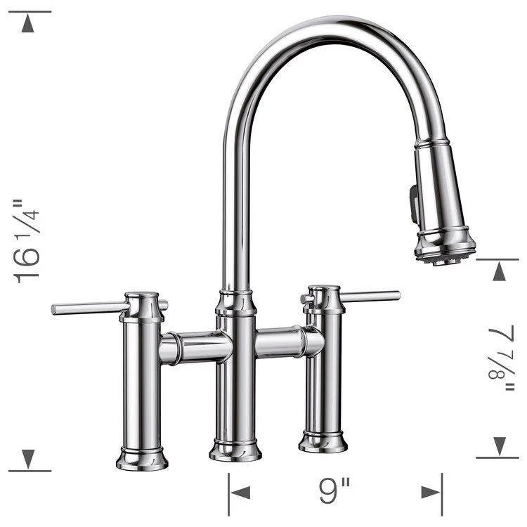 Empressa Two Handle Bridge Kitchen Faucet with Pull Down Sprayer - Chrome - Frankwebs