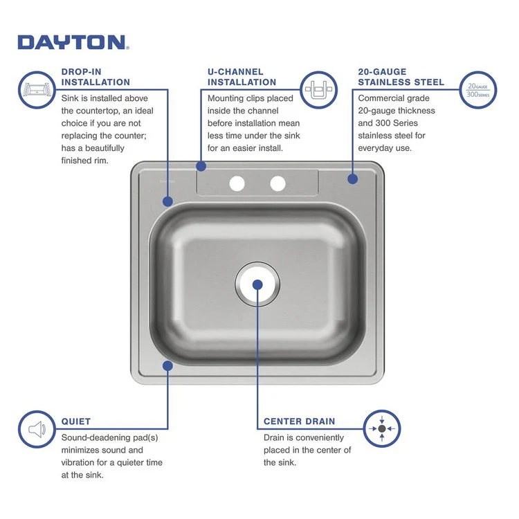 Kitchen Sink Dayton 25 x 22 Inch Single Bowl 2 Hole Elite Satin Drop-In Drain Location Center Bottom Only Pads - Frankwebs