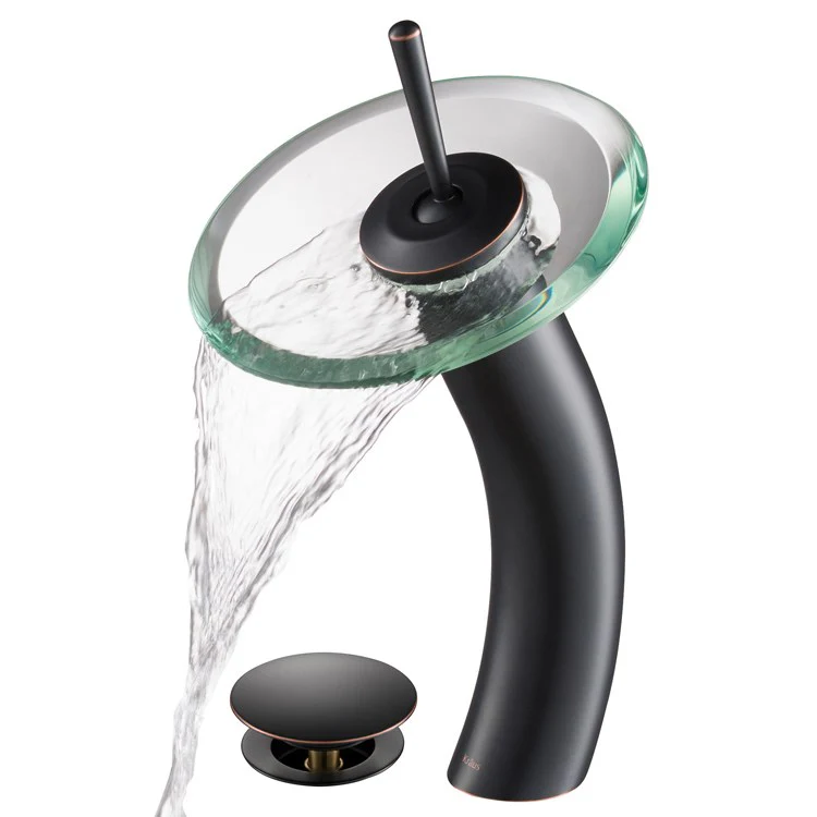Tall Waterfall Bathroom Faucet for Vessel Sink with Clear Glass Disk and Pop-Up Drain - Frankwebs