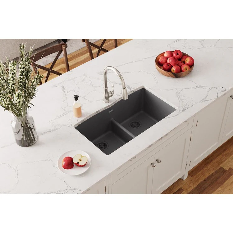 Kitchen Sink Quartz Classic 33 x 19 Inch Double Bowl Equal with Aqua Divide Dusk Gray Undermount - Frankwebs