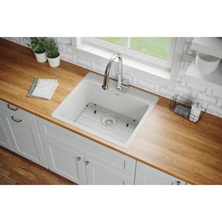 Kitchen Sink Quartz Classic 25 x 22 Inch Single Bowl Sink Kit with Faucet White Drop-In - Frankwebs