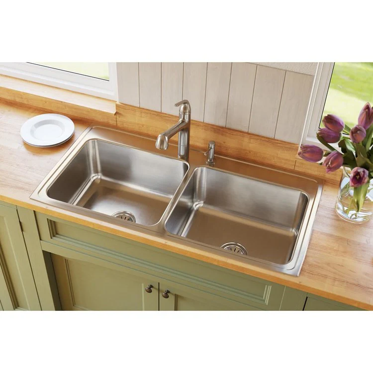 Kitchen Sink Lustertone Classic 43 x 22 Inch Double Bowl Equal 2 Hole Lustrous Satin Drop-In 10-1/8 Inch - Frankwebs