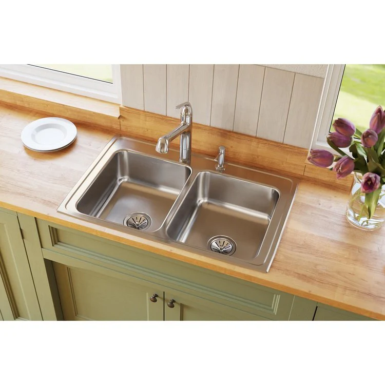 Kitchen Sink Lustertone Classic 33 x 21.25 Inch Double Bowl Equal 2 Hole Lustrous Satin Drop-In Stainless Steel Drain Location Center Sides and Bottom Pads - Frankwebs