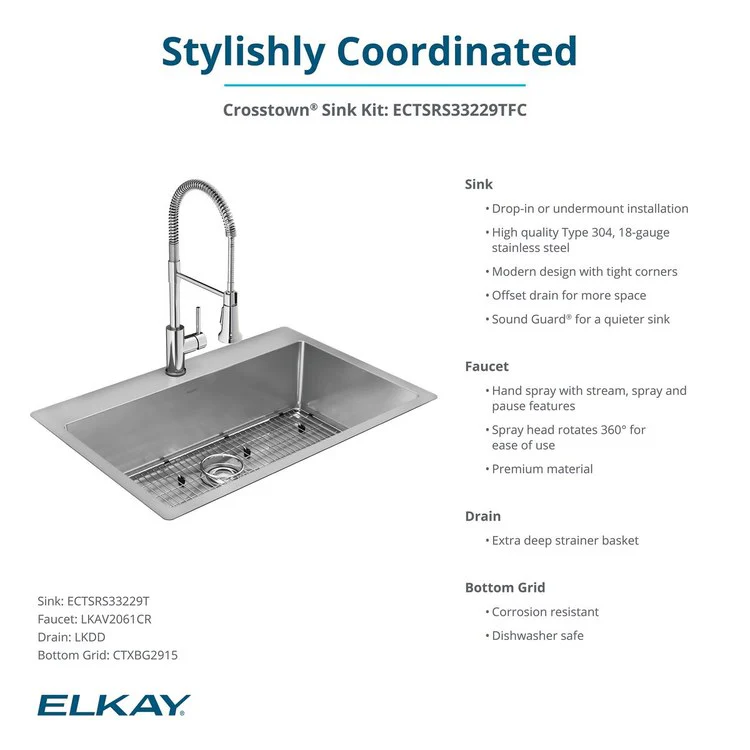 Kitchen Sink Crosstown 33 x 22 Inch Single Bowl Kit with Faucet 1 Hole Polished Satin Drop-In Undermount - Frankwebs