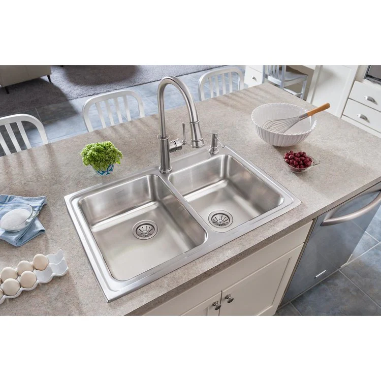 Kitchen Sink Lustertone Classic 33 x 22 Inch Double Bowl 2 Hole Lustrous Highlighted Satin Top Mount Stainless Steel Drain Location Center Rear Drain Location Center Sound Guard - Frankwebs