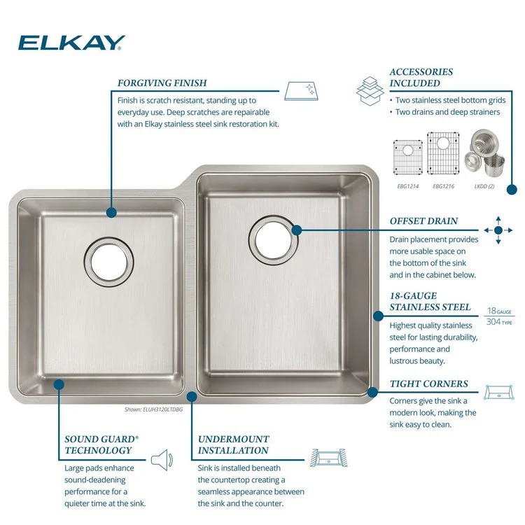 Sink Kit Lustertone Iconix Left Small Bowl 31.25 x 20.5 Inch Double Bowl Luminous Satin One EBG1216 Bottom Grid One EBG1214 Bottom Grid Two LKDD Drain and Strainers - Frankwebs
