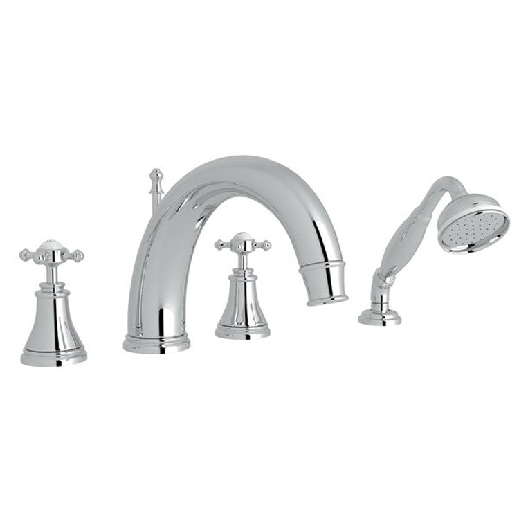 Tub Filler Georgian Era Deck Mount with Handshower 2 Cross C-Spout Polished Chrome - Frankwebs
