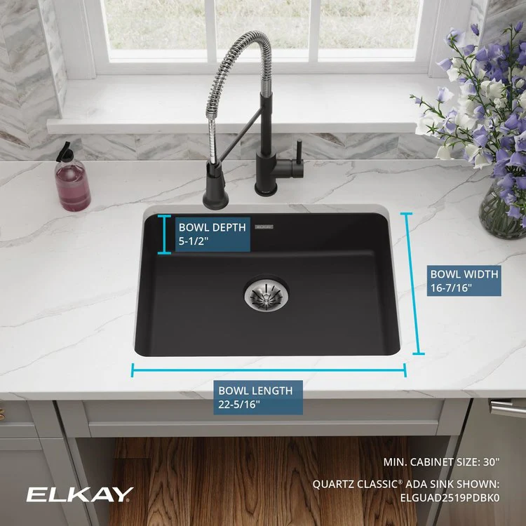 Kitchen Sink Quartz Classic 25 x 18.5 Inch Single Bowl with Perfect Drain ADA Black Undermount Rectangle Drain Location Rear Center Depth 5-1/2 Inch - Frankwebs