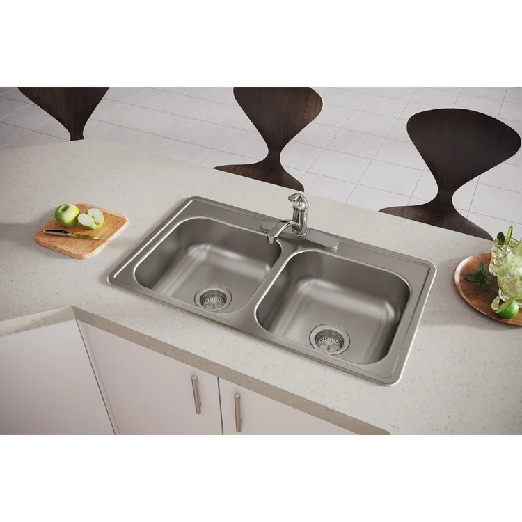 Kitchen Sink Dayton 33 x 19 Inch Double Bowl Equal 3 Hole ADA Satin Drop-In Rectangle Drain Location Center Depth 6-4/9 Inch Bottom Only Pads - Frankwebs