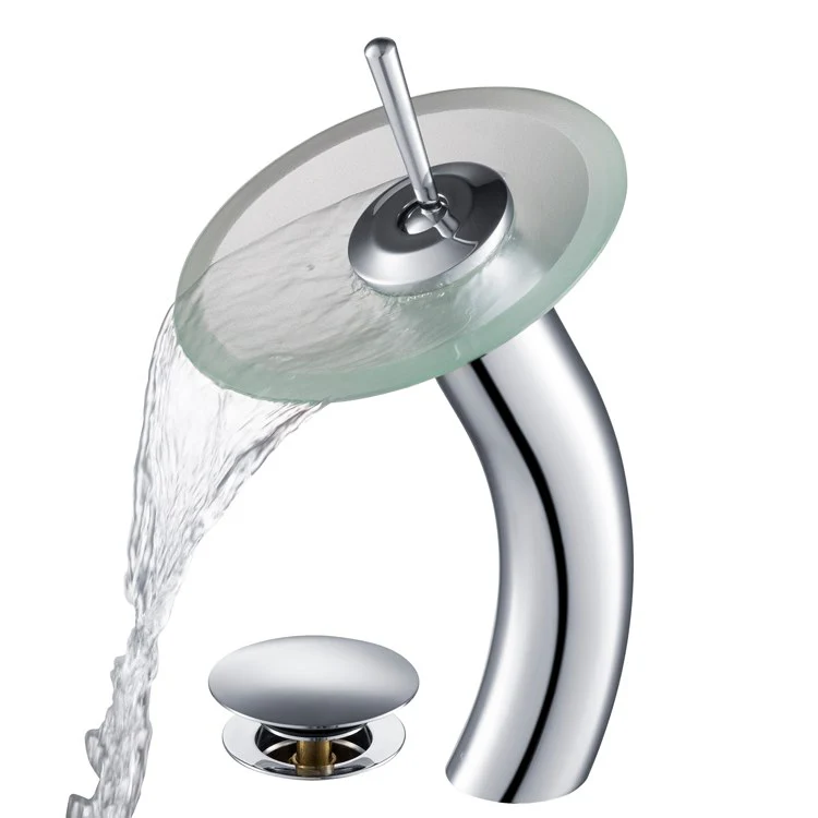 Tall Waterfall Bathroom Faucet for Vessel Sink with Frosted Glass Disk and Pop-Up Drain - Frankwebs