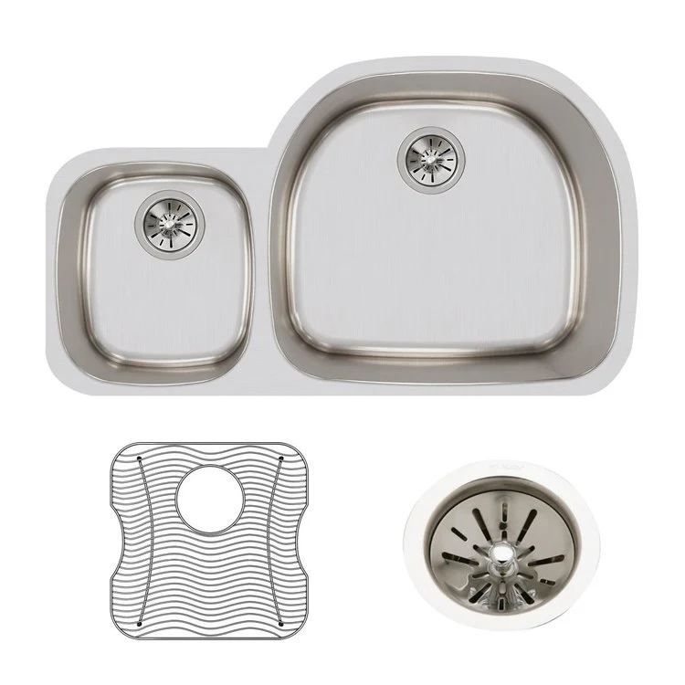 Sink Kit Lustertone Classic Offset 40/60 36.25 x 21.125 Inch Double Bowl Lustrous Satin One LKWOBG2118SS Bottom Grid One LK99 Drain 10 Inch - Frankwebs