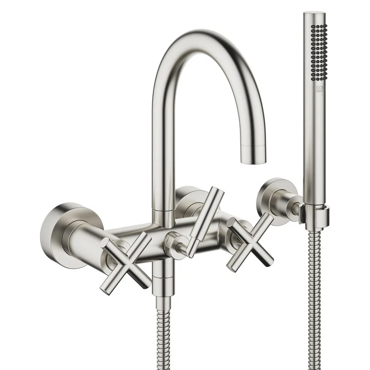 Tub Filler TARA Mixer for Wall Mount with Handshower 5-7/8 Inch Spread 3 Cross/Lever Brushed Platinum - Frankwebs