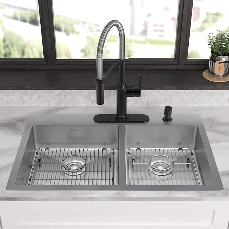 Kitchen Sink Crosstown 33 x 22 Inch Double Bowl 60/40 Kit 4 Hole Polished Satin Drop-In Undermount - Frankwebs