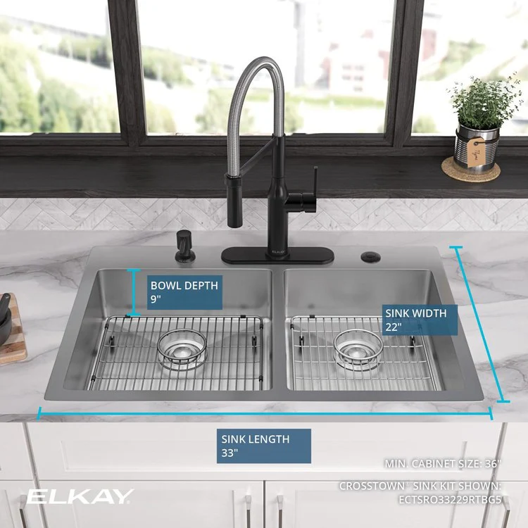 Kitchen Sink Crosstown 33 x 22 Inch Double Bowl 60/40 Kit 5 Hole Polished Satin Drop-In Undermount - Frankwebs