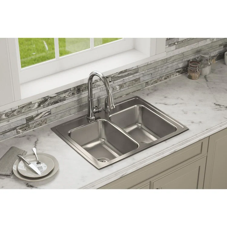 Kitchen Sink Lustertone Classic 29 x 22 Inch Double Bowl Equal Lustrous Satin Drop-In Stainless Steel Drain Location Center Bottom Only Pads - Frankwebs