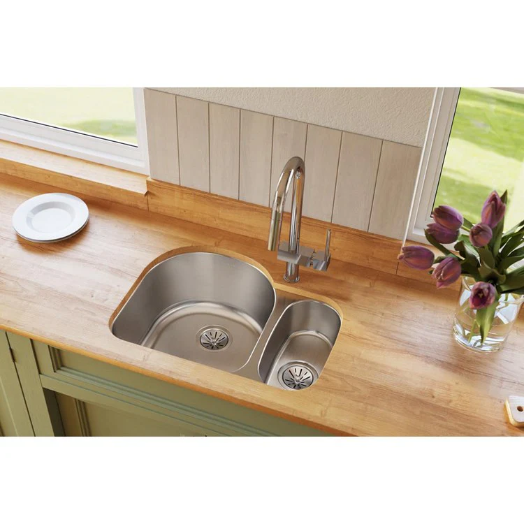 Kitchen Sink Lustertone Classic 26.75 x 20 Inch Double Bowl Offset 70/30 Lustrous Satin Undermount Drain Location - Frankwebs