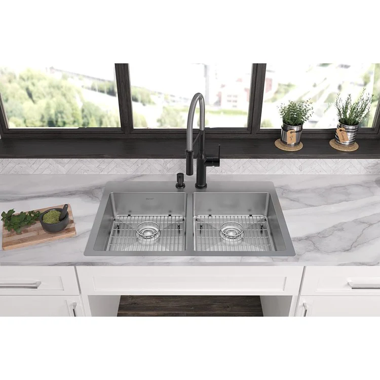 Kitchen Sink Crosstown 33 x 22 Inch Double Bowl Equal Kit 2 Hole ADA Polished Satin Drop-In Undermount Rectangle Drain Location Rear Center Depth 6 Inch Sound Guard Slim Rim - Frankwebs