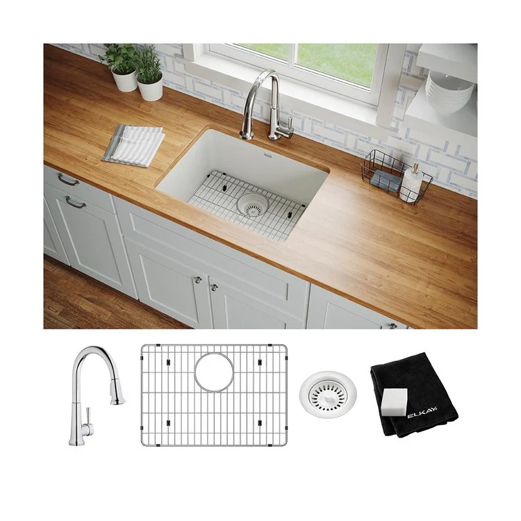 Kitchen Sink Quartz Classic 24.5 x 18.5 Inch Single Bowl Kit with Faucet White Undermount - Frankwebs