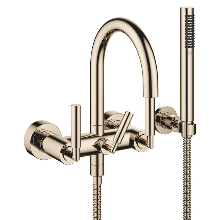 Tub Filler TARA Mixer for Wall Mount with Handshower 5-7/8 Inch Spread 3 Lever Champagne - Frankwebs