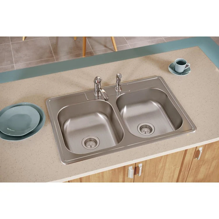 Kitchen Sink Dayton 33 x 22 Inch Double Bowl Equal 2 Hole Satin Top Mount Drain Location Center Bottom Only Spray - Frankwebs