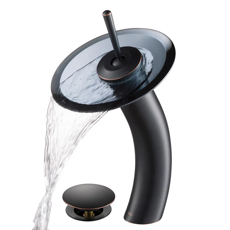 Tall Waterfall Bathroom Faucet for Vessel Sink with Clear Black Glass Disk and Pop-Up Drain - Frankwebs