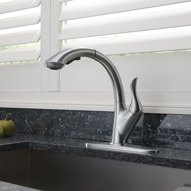 Linden Single Handle High Arc Pull Out Kitchen Faucet with Multi-Flow Technology - Frankwebs