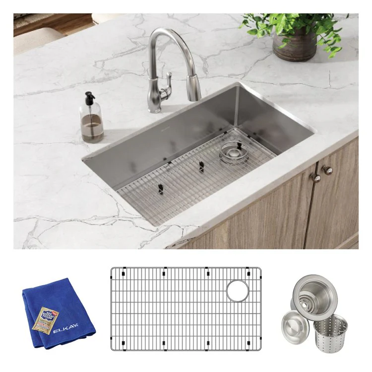 Sink Kit Crosstown 31.5 x 18.5 Inch Single Bowl Polished Satin Bottom Grid Deep Strainer Drain Cleanser Towel - Frankwebs