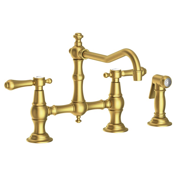 Kitchen Faucet Chesterfield Bridge 8 Inch Spread 2 Lever ADA Satin Brass PVD Pull Out Sidespray Spout Height 6-3/8 Inch Spout Reach 9-1/2 Inch 1.8 Gallons per Minute - Frankwebs